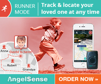 Link to AngelSense shop_Images of GPS and kid running away